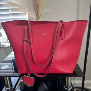 ALDO Red Pebbled Tote with Gold Logo